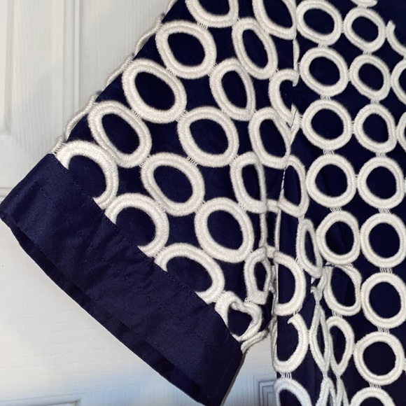 Boden Navy Blue White Eyelet Overlay Short Sleeve Cotton Shift Dress - Picture 7 of 14